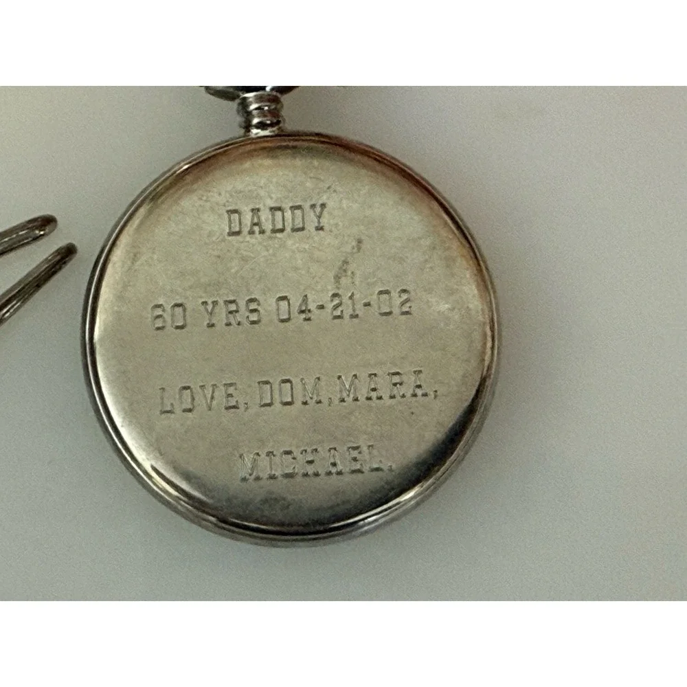 2002 Majesti Pocket‎ Watch with Inscription In Back As is Chain Silver Tone Blue